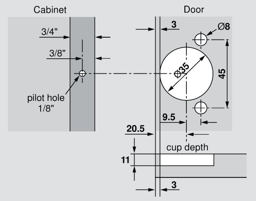 One piece 110° Hinges - for full O/L applications - 1/2" Cup Depth - 7/32" Minimum Reveal, image 5